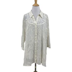 Dana Buchman Blouse Womens XL Extra Large White Button Up Embroidered Layered